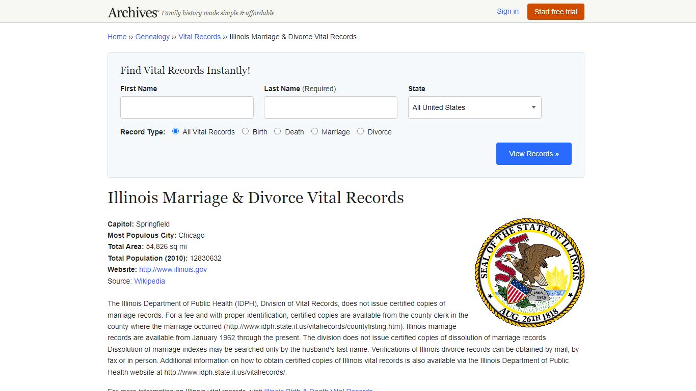 Illinois Marriage & Divorce Vital Records - Archives.com